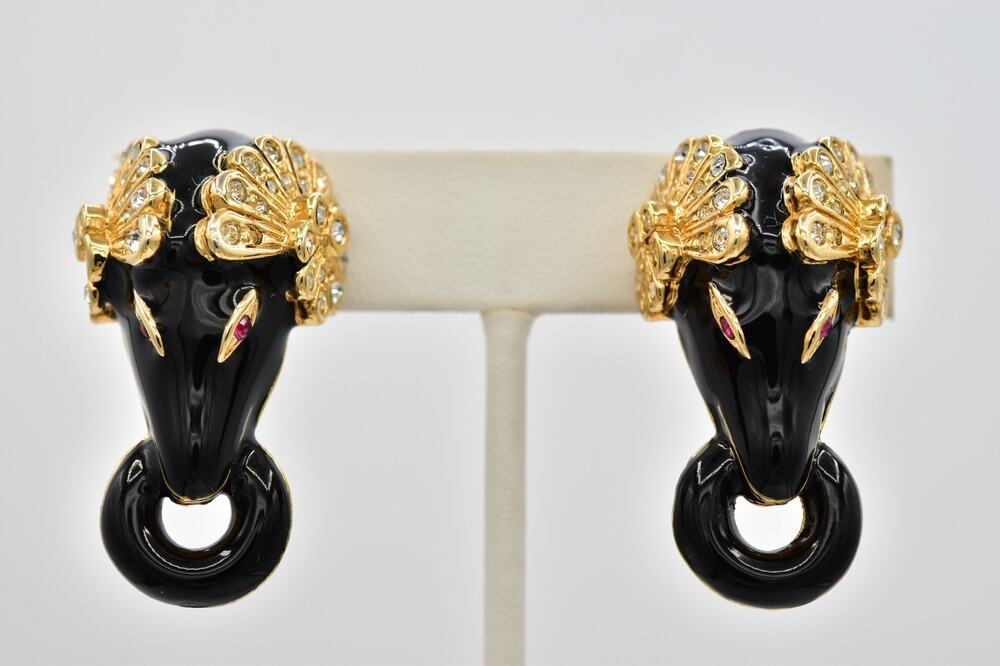 Vintage NOS Ram Head Clip On Earrings Black Enamel Gold Crystal Chunky 80s BinAR